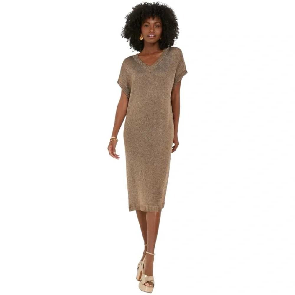 Tuckernuck Bronze Metallic Knit Indie Dress‎ V-Neck Midi NEW Medium